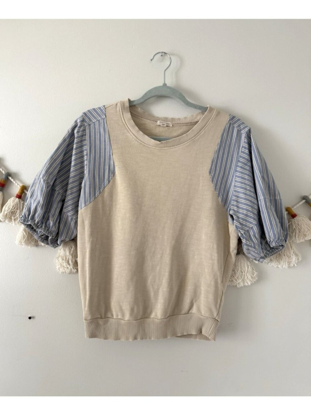 Anthropologie Pilcro Woven Stripe Puff Sleeve Cream Top Basics Coquette Coastal
